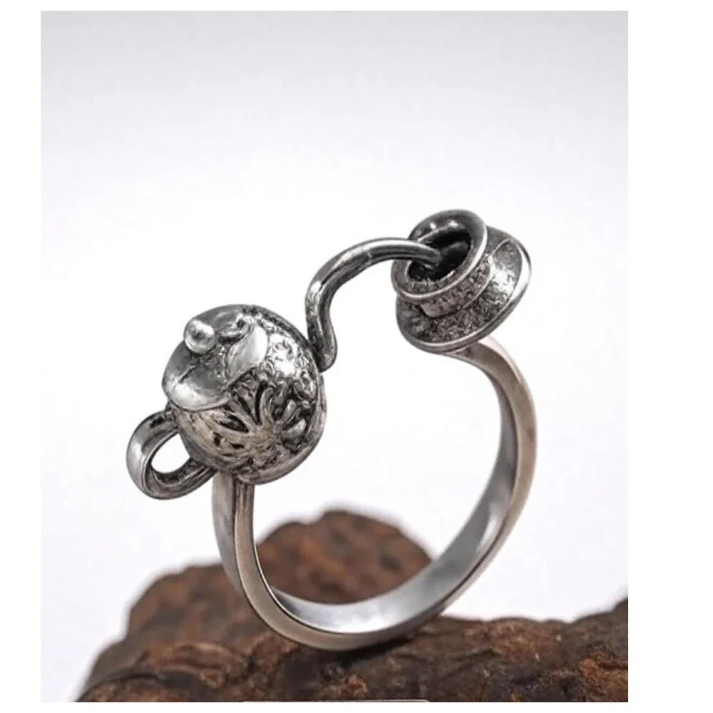 Silver Tone Tea Pot Ring  Tea Time Ring Unique Gift